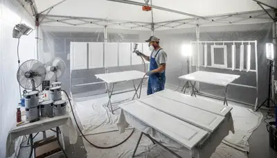 Professional cabinet painting in Berkeley CA using spray techniques for smooth, durable kitchen finishes