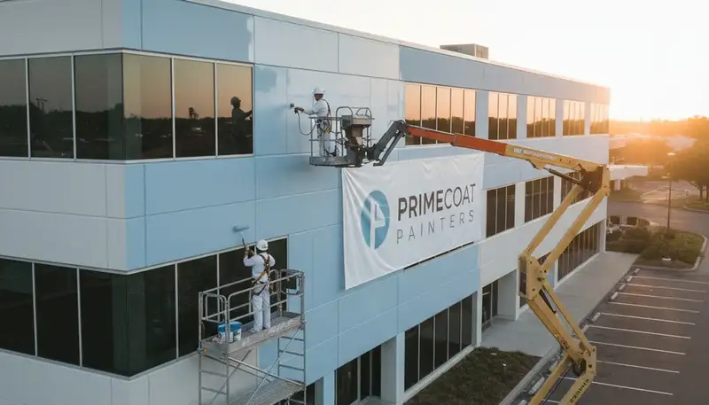 Professional commercial painters working on a business exterior in Berkeley, CA