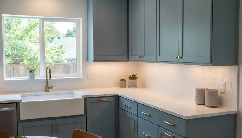 Finished cabinet refinishing in Berkeley, CA kitchen showing smooth, modern paint finish by local experts