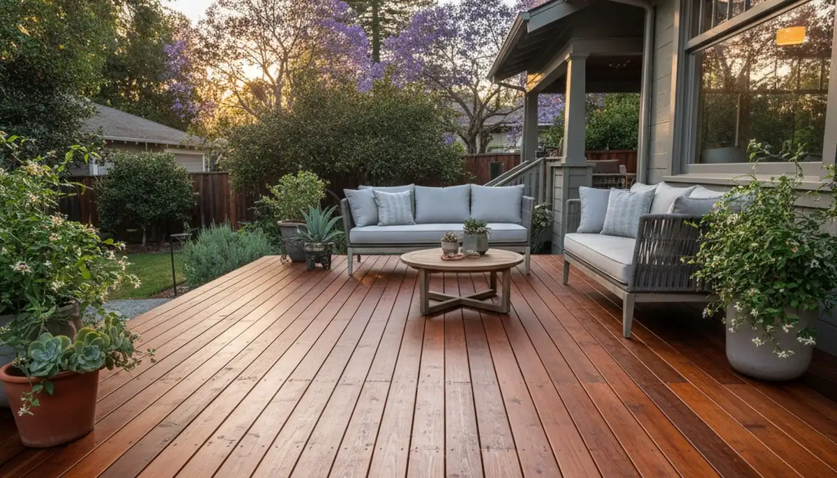Finished deck staining in Berkeley, CA showcasing rich wood color and weather-protected outdoor finish