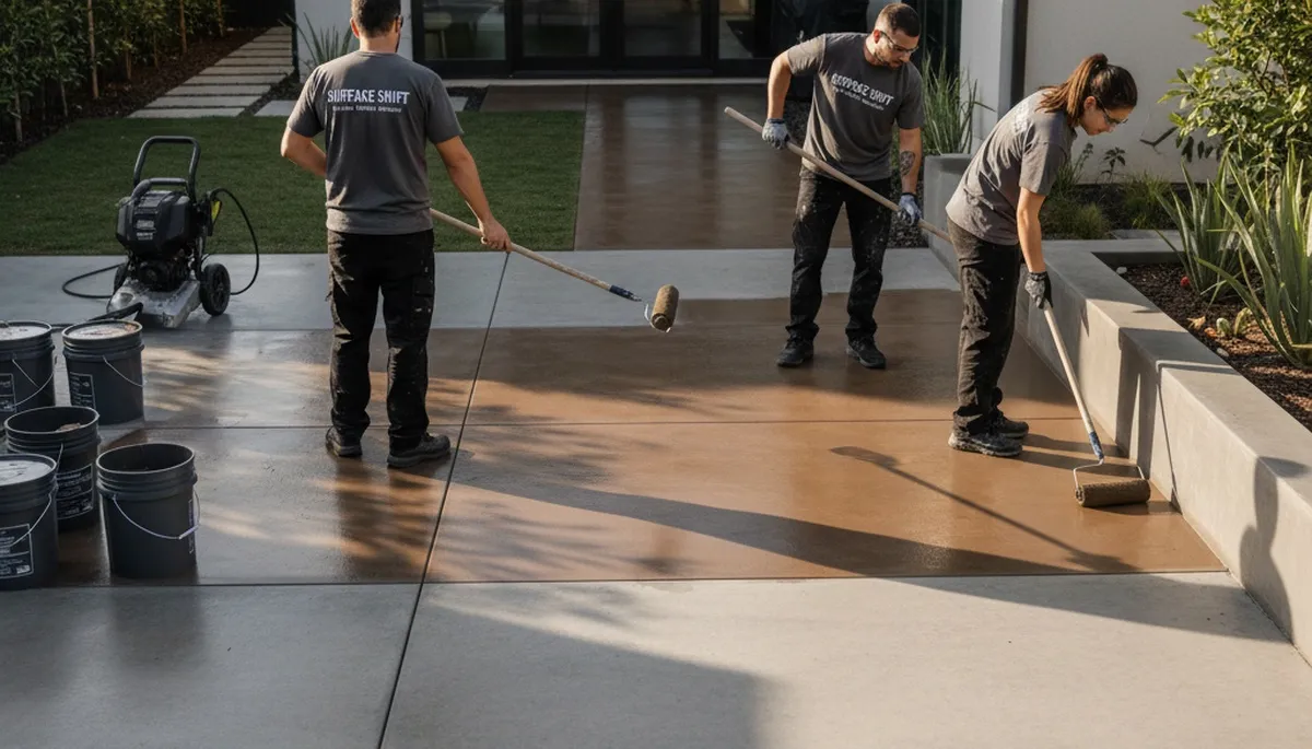 Professional concrete staining at a Berkeley CA home by expert house painters transforming a driveway surface