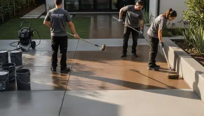 Professional concrete staining at a Berkeley CA home by expert house painters transforming a driveway surface