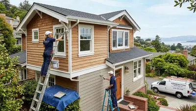 Professional exterior house painters working on a residential home in Berkeley, CA