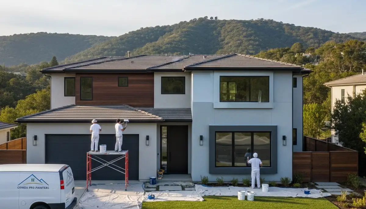 Professional house painters working on an exterior home repaint in Berkeley, CA