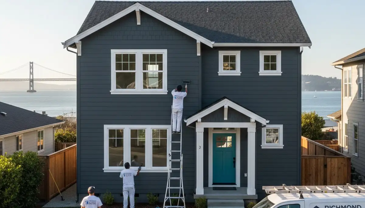 Professional house painters in Berkeley CA finishing a bright exterior home painting project