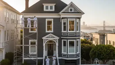 Professional house painters working on a freshly painted home exterior in Berkeley, CA