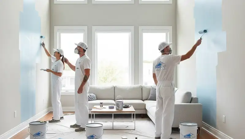 Professional interior house painters working in a Berkeley, CA living room with fresh paint finish